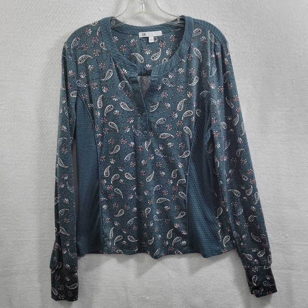 DR2 Women's Green Print Long Sleeve Blouse Size L 11024-0612
